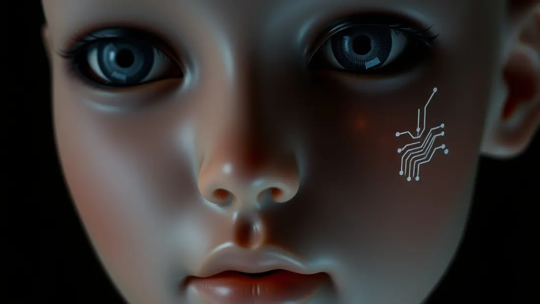 Gros plan sur le visage d'une poupée réaliste en silicone, avec un discret reflet de circuits lumineux
