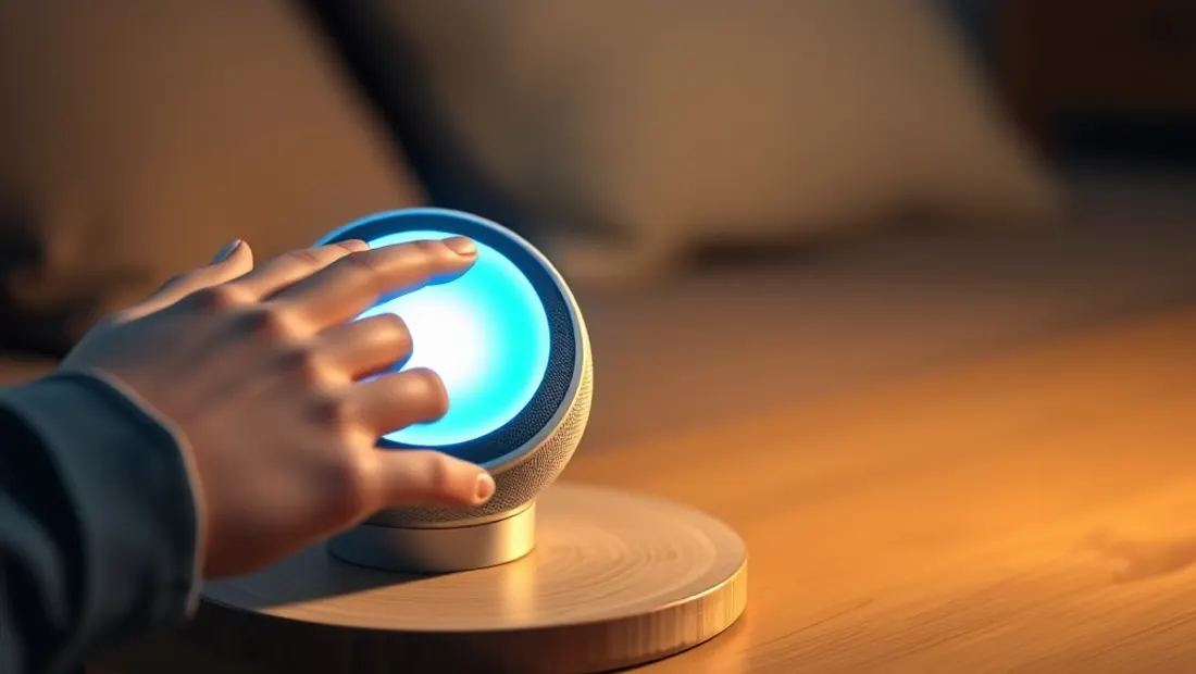 Main de poupée en silicone effleurant une enceinte connectée lumineuse, symbole de la reconnaissance vocale embarquée