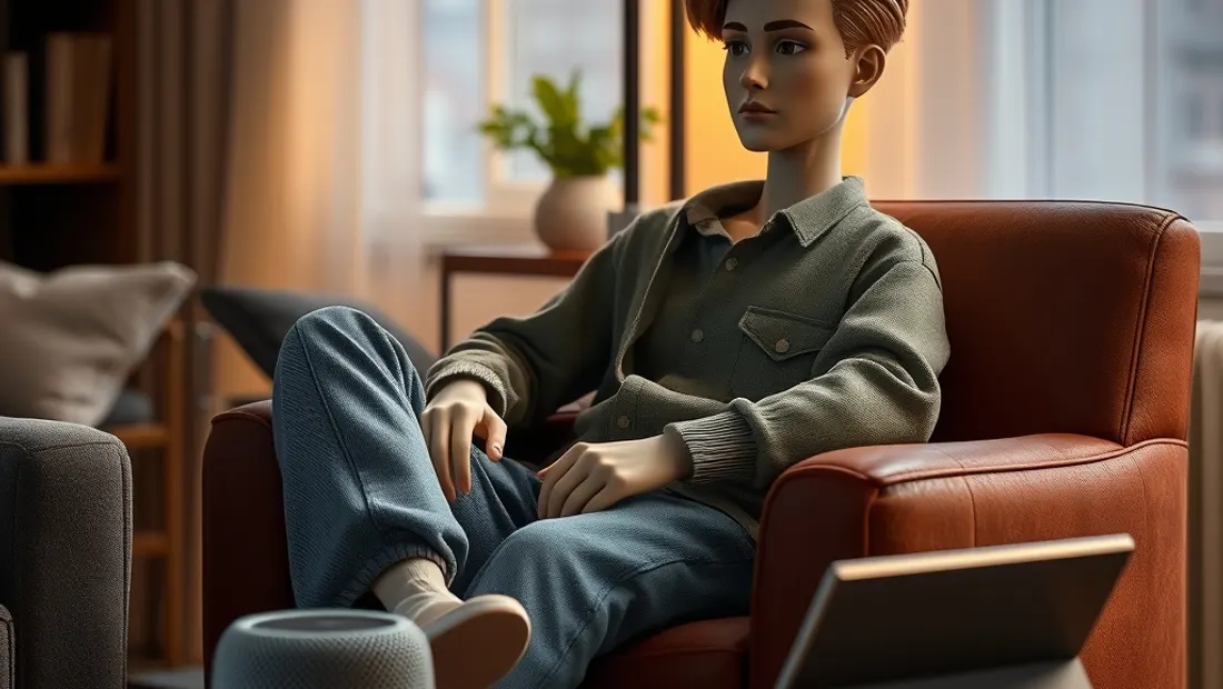 Poupée réaliste installée dans un fauteuil, enceinte connectée et tablette posées sur une table basse